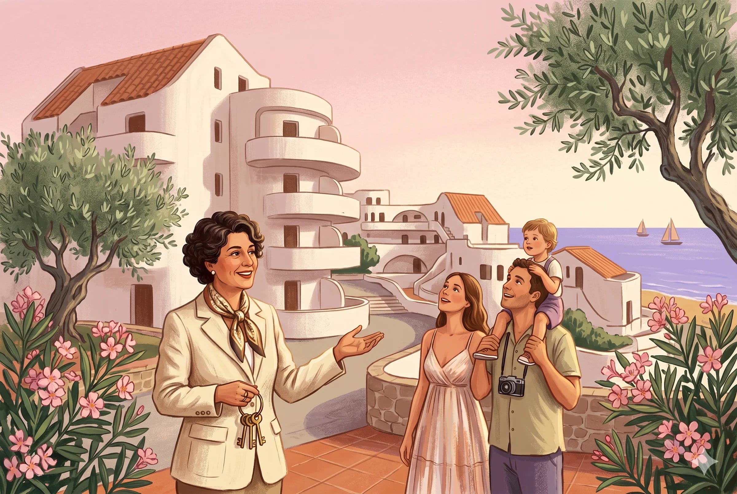 Illustrazione di un’agente immobiliare che mostra le chiavi a una famiglia davanti al Residence Le Nereidi a San Salvo Marina