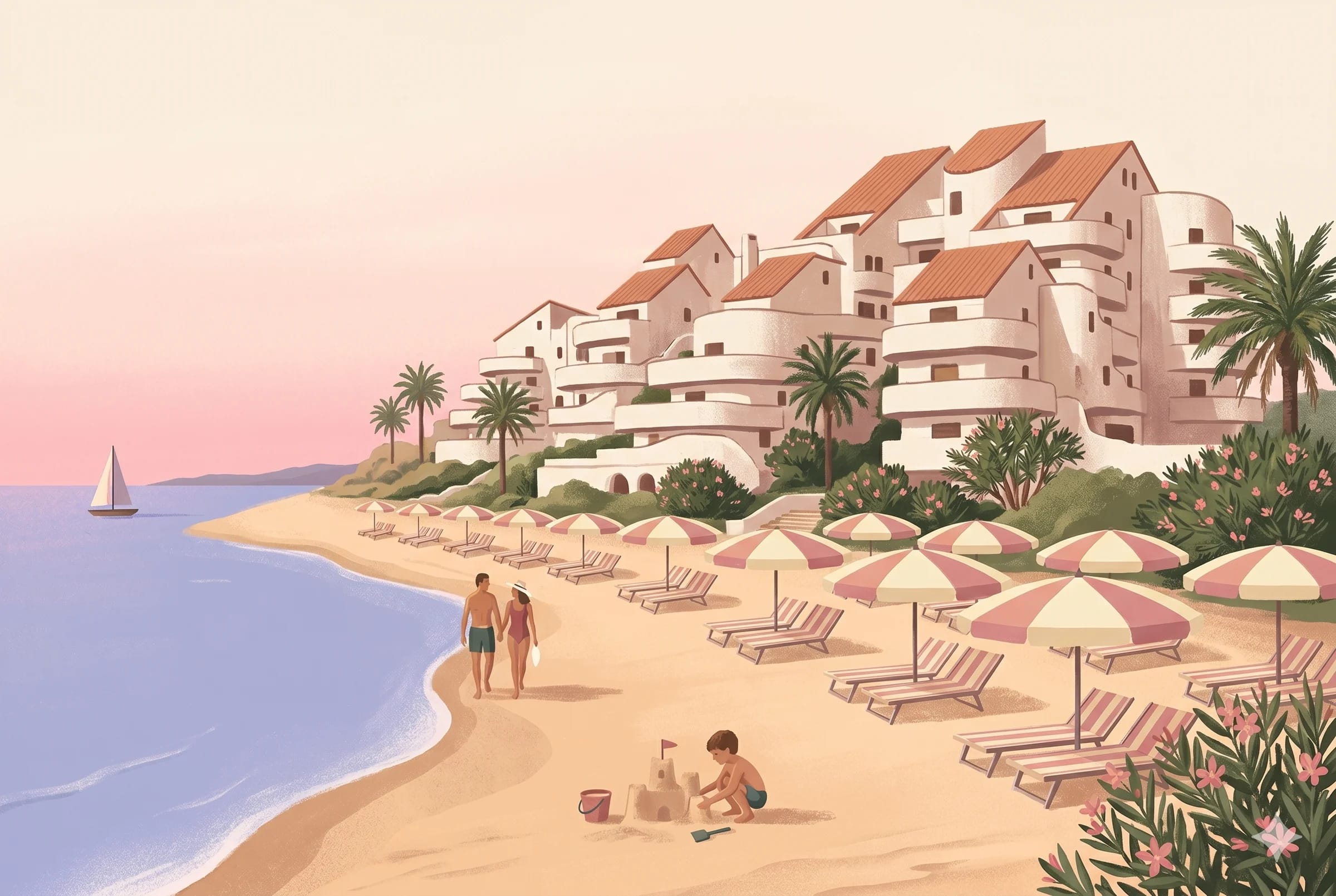 Illustrazione del Residence Le Nereidi visto dalla spiaggia di San Salvo Marina al tramonto