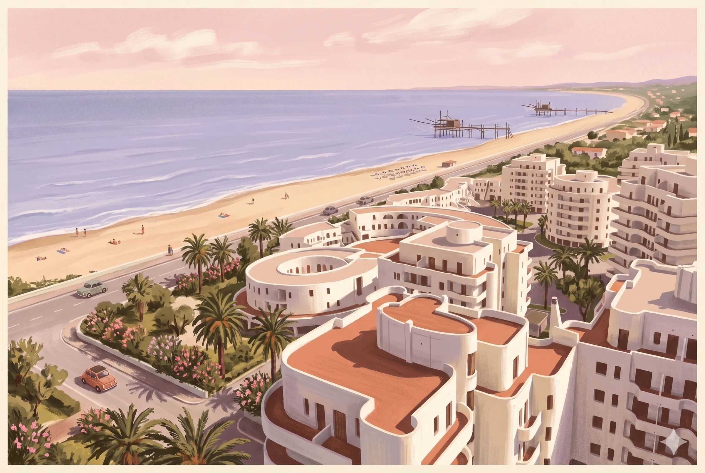 Illustrazione aerea del Residence Le Nereidi sulla costa di San Salvo Marina con spiaggia e trabocchi sull’Adriatico
